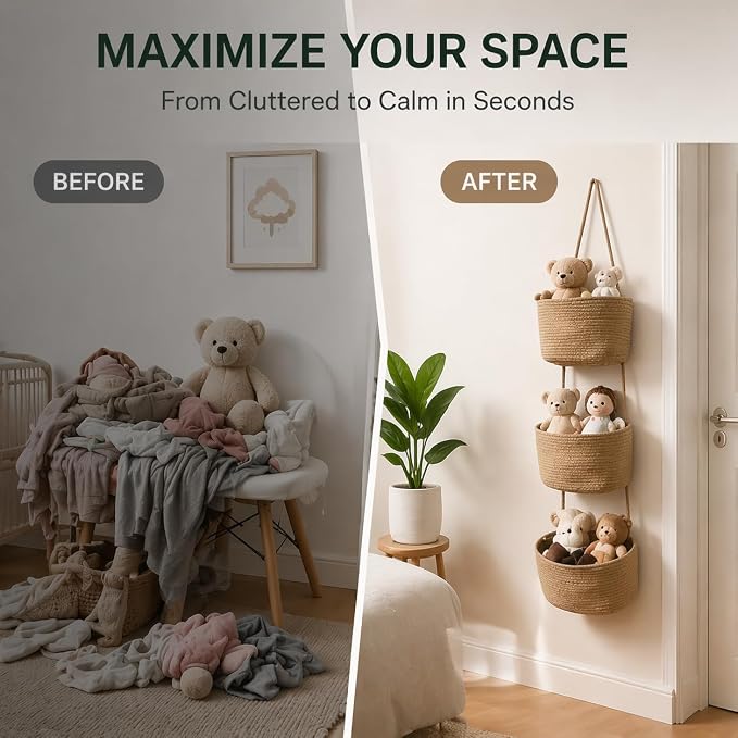 3-Tier Over the Door Hanging Basket, Cotton Rope Woven Decorative Hanging - Image 6