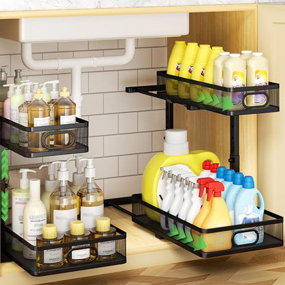 Under Sink Organizer 2-Pack, Metal 2-Tier Pull-Out Cabinet Shelf by AURIKAR