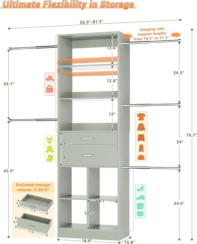 Besiost Small Closet System, 3.2-6.8FT Small Closet Organizer - Image 3