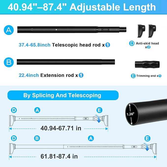 Black Closet Rods For Hanging Clothes, 41-67 In heavy duty tension rod | - Image 3