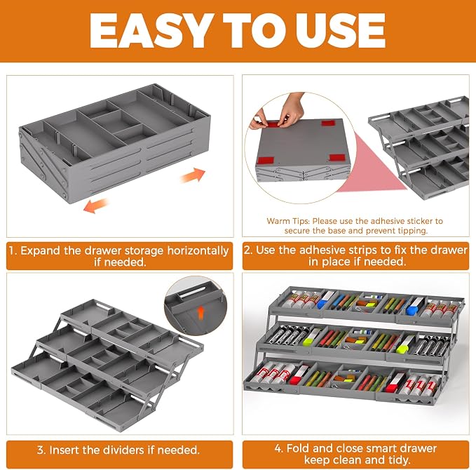 3 Tier Drawer Organizer Versatile Expandable Junk Drawer Organizer Grey | - Image 4