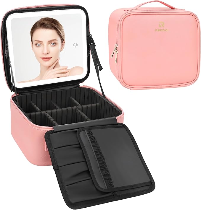 Relavel Travel Makeup Bag With LED Mirror Portable Travel Makeup Organizer 3 - Image 8