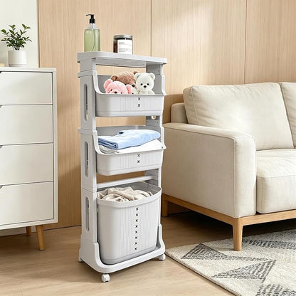 4-Tier Floor Standing Laundry Hampers on Wheels, Rolling Laundry Cart - Image 3
