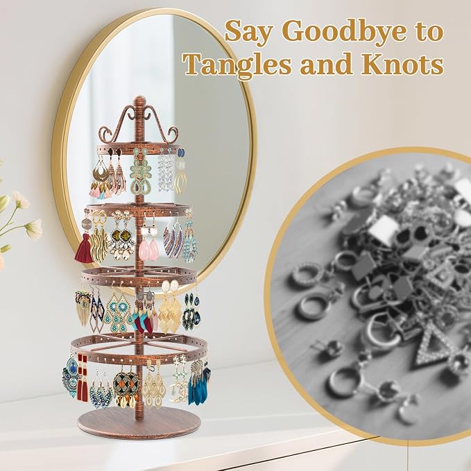 MODOWEY Rotating Earring Holder Organizer Stand, 4 Tier Adjustable Metal - Image 6
