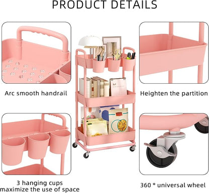 JIUYOTREE 3-Tier Plastic Rolling Storage Cart Utility Cart - Image 7