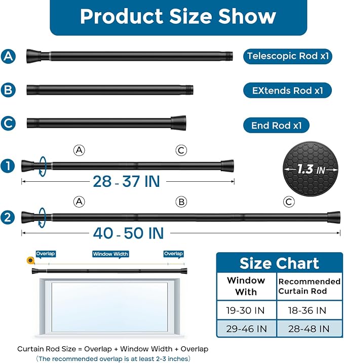 AIZESI Tension Curtain Rod 28 to 48 Inch No Drilling Adjustable, No Slip - Image 2