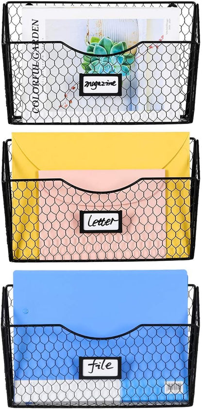 3 Pockets Hanging File Holder Wall Mount Mail Organizer Metal Chicken Wire by PAG