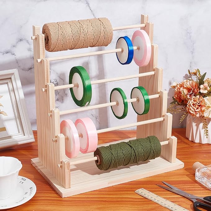 UNICRAFTALE 6-Tier Wooden Ribbons Organizer Rack Burlywood Ribbon Holder - Image 2