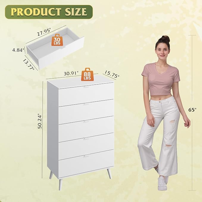 WLIVE 5 Drawer Dresser for Bedroom, Tall Wooden Dresser, Chest of Drawers for - Image 3