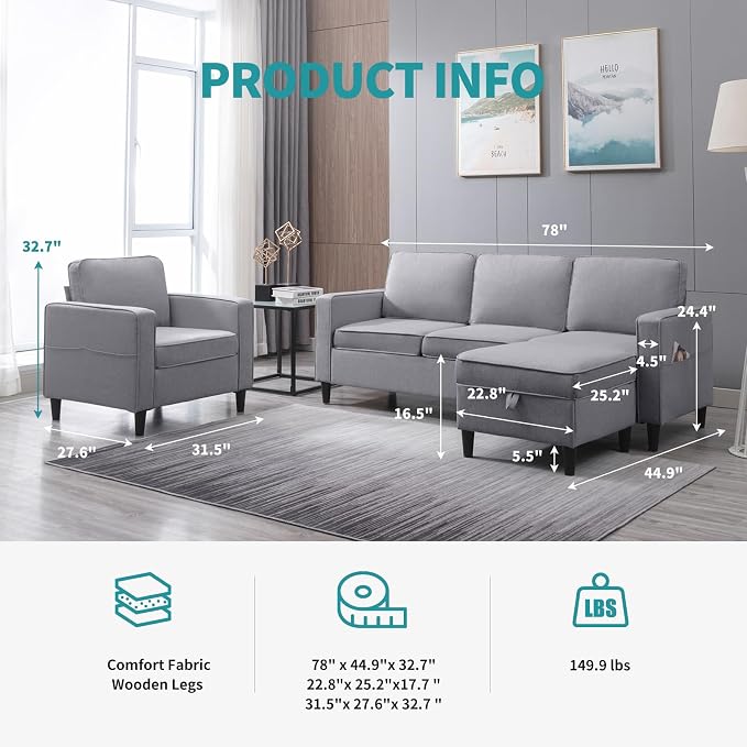 BALUS 78" Living Room Couches Set, 3 Seater Sofa - Image 2