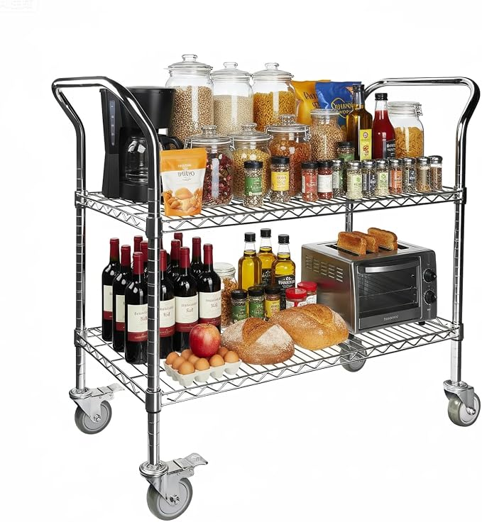 Northsky 2-Shelf Wire Utility Cart on Wheels, Chrome Finish Rolling Metal - Image 2