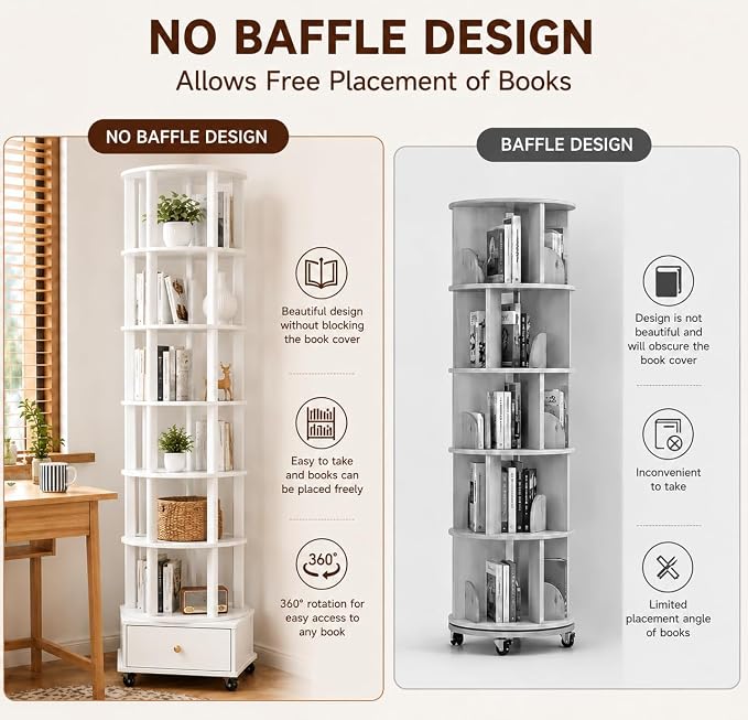 6 Tier Rotating Bookshelf with Drawer, 360° Round Spinning Bookshelf Tower with - Image 7