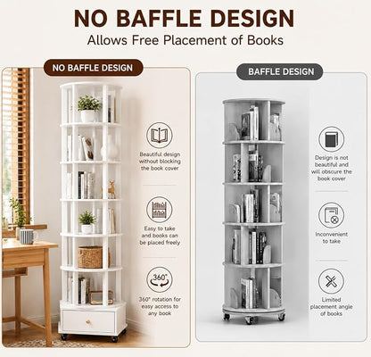 6 Tier Rotating Bookshelf with Drawer, 360° Round Spinning Bookshelf Tower with - Image 7
