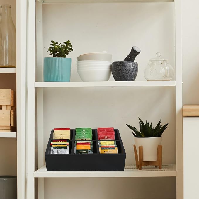 Tea Bag Box Black 6 Compartments Tea Organizer Storage Wood Drawer Station | - Image 3