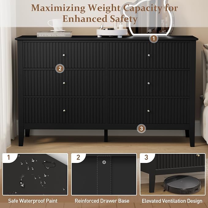 RoyalCraft Black 6 Drawer Dresser Set of 2, Fluted Modern Wood Dresser - Image 6