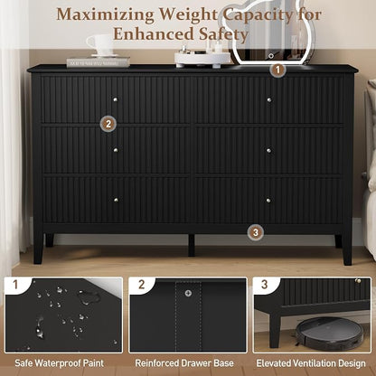 RoyalCraft Black 6 Drawer Dresser Set of 2, Fluted Modern Wood Dresser - Image 6