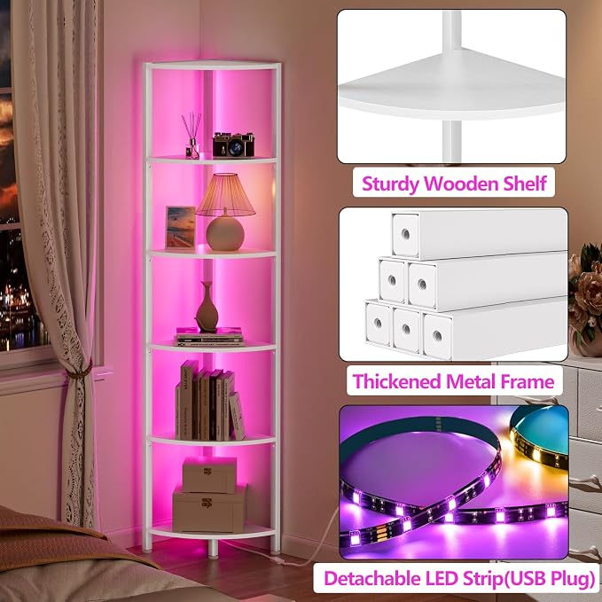 6 Tier Corner Shelf with LED Light, 67.5" White Narrow Bookshelf | Tall - Image 8