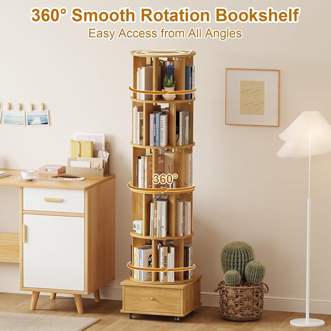 Rotating Bookshelf with Drawers on Lockable Wheels Wood Oak | 6 Tier Spinning - Image 3