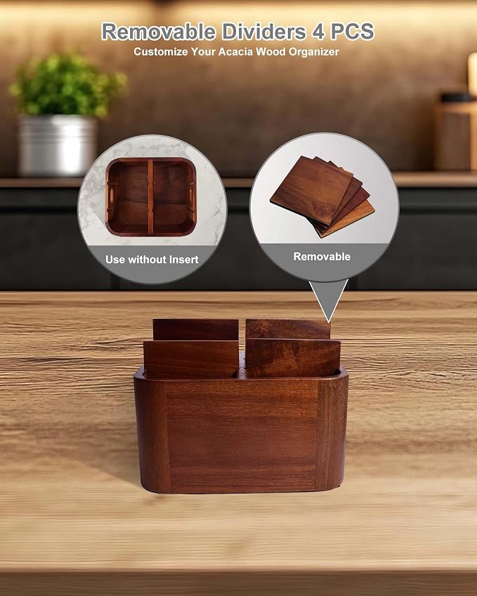 LYNG Acacia Wood Remote Control Holder Caddy, Solid Wood Organizer - Image 2