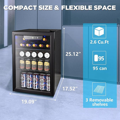 2.7 Cu.ft Beverage Refrigerator Cooler, 95 Can Mini Fridge Glass Door - Image 3