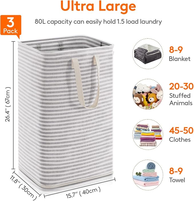 Lifewit 3 Pack Laundry Basket 80L Each, Collapsible Clothes Hamper - Image 4
