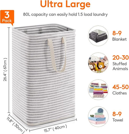 Lifewit 3 Pack Laundry Basket 80L Each, Collapsible Clothes Hamper - Image 4