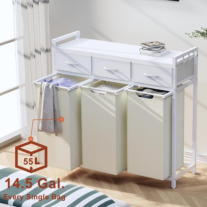 Laundry Hamper, Laundry Sorter 3 Section, Rolling Laundry Basket - Image 2
