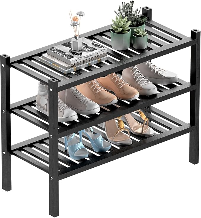 3 Tier Bamboo Shoe Rack for Entryway, Small Wood Shoe Shelf Storage Organizer by ROMGUAR+CRAFT