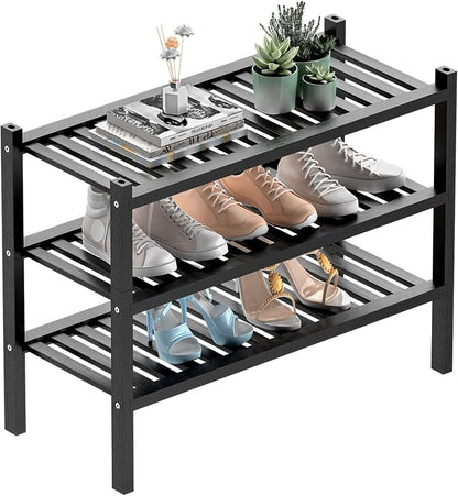 3 Tier Bamboo Shoe Rack for Entryway, Small Wood Shoe Shelf Storage Organizer by ROMGUAR+CRAFT
