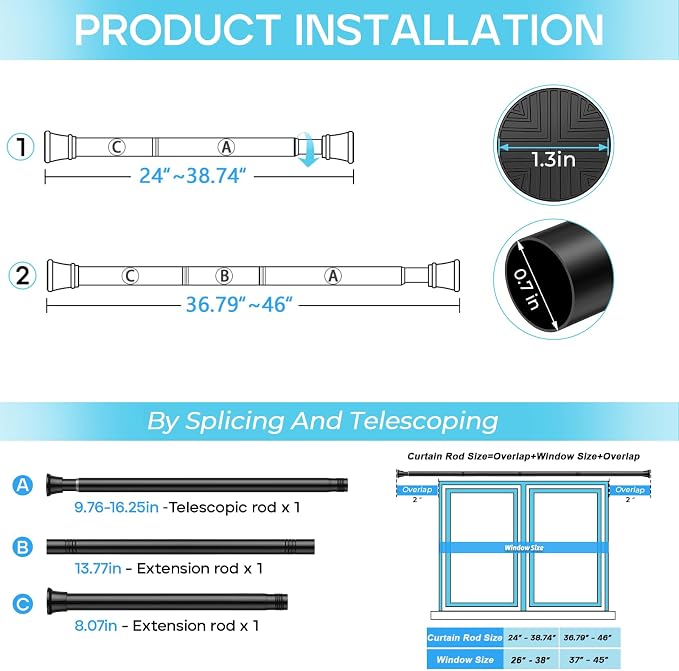 Spring Tension Curtain Rod 24-46 inch, Adjustable Expandable Tension Curtain - Image 3