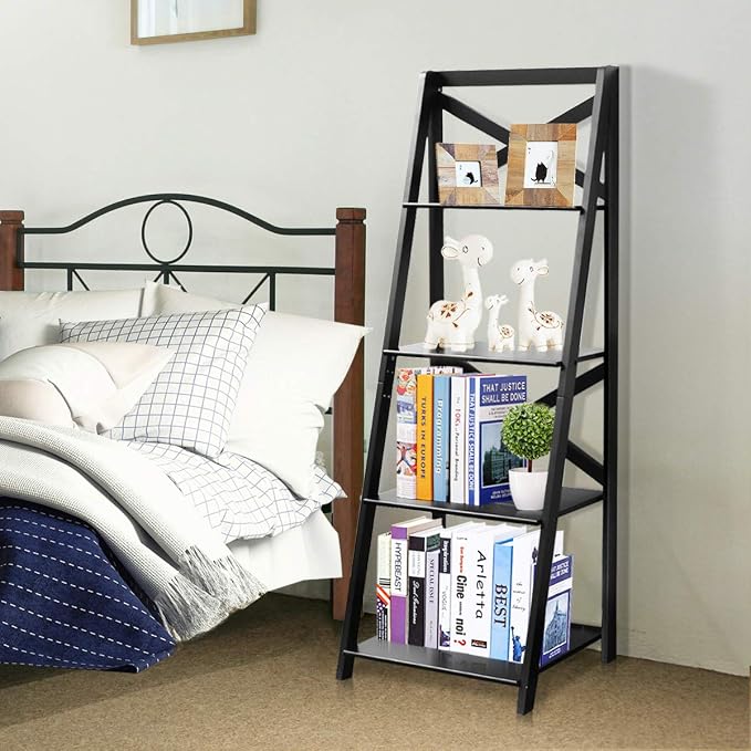 Tangkula 4-Tier Ladder Shelf Bookcase Leaning Free Standing Wooden Frame Decor - Image 6
