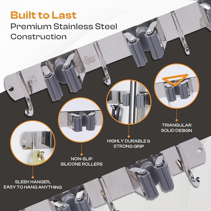 Heavy-Duty Stainless-Steel Broom Holder Wall Mount - Image 4