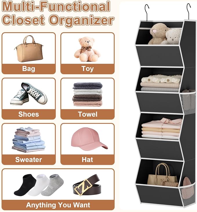 Hanging Closet Organizer Bins for Closet Organization Storage 4 Shelf Black - Image 5