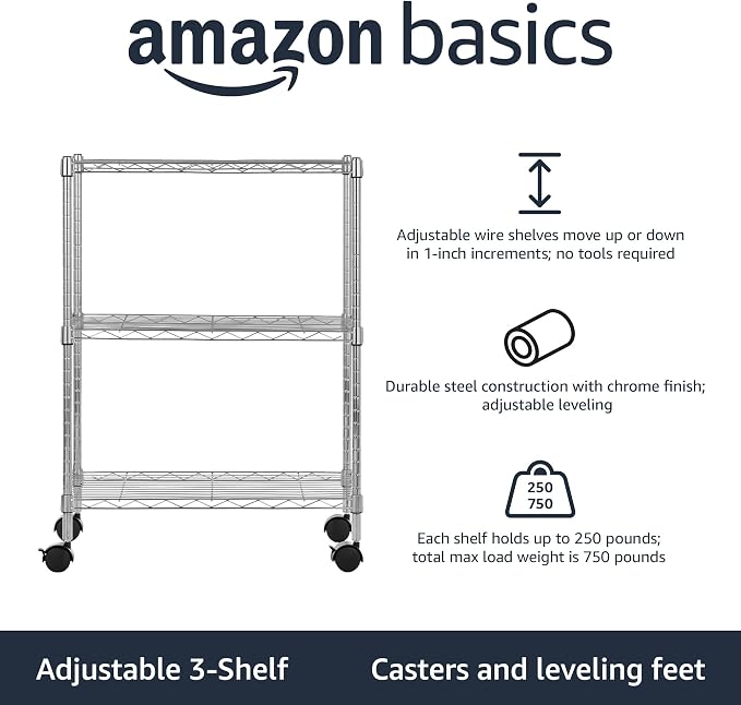Amazon Basics 3-Shelf Adjustable, Heavy Duty Storage Shelving Unit on 2'' PP - Image 2