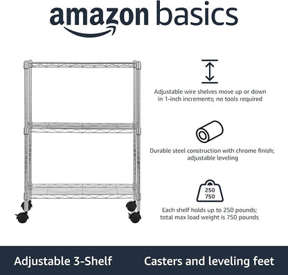 Amazon Basics 3-Shelf Adjustable, Heavy Duty Storage Shelving Unit on 2'' PP - Image 2