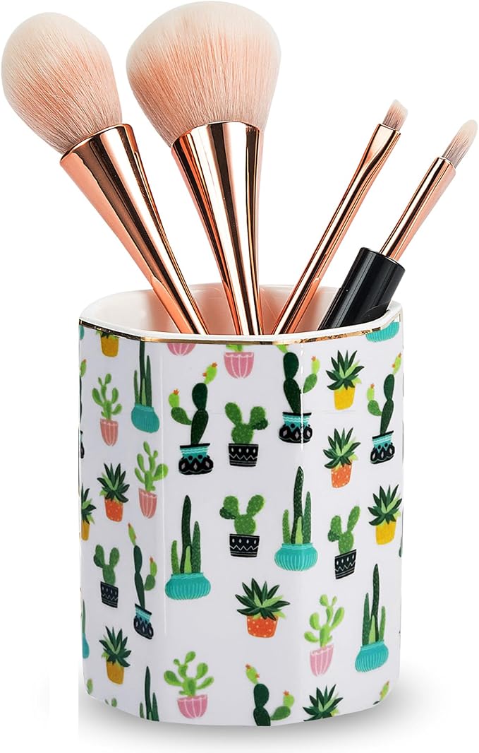 Pen Holder, Makeup Brush Holder Ceramic Shiny Gold Tropical Cactus Green - Image 2