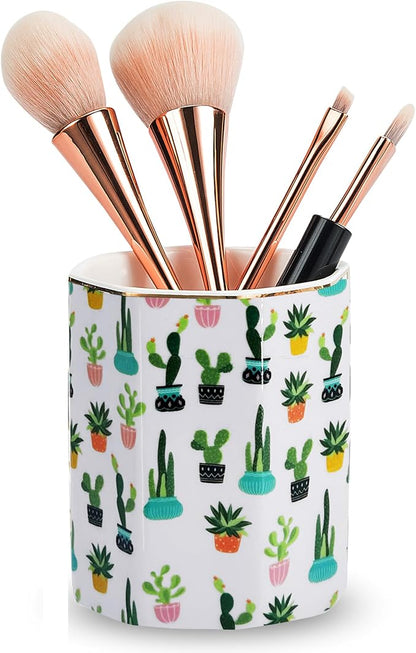 Pen Holder, Makeup Brush Holder Ceramic Shiny Gold Tropical Cactus Green - Image 2