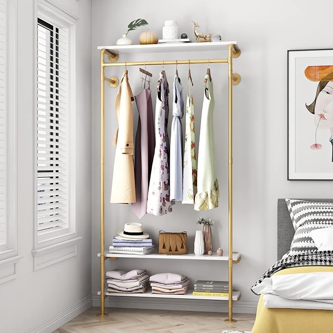 Gold Wall Clothing Racks with White Shelves, Wall Mounted Gold Clothes Rack - Image 5