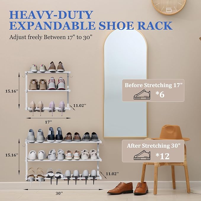Wall Mounted Shoe Rack, 3 Tier Hanging Shoe Rack Holds 12 Pairs, Space Saving - Image 2