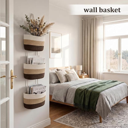 TeoKJ Over the Door Hanging Basket, 3-Tier Woven Cotton Wall-Mounted Storage - Image 3