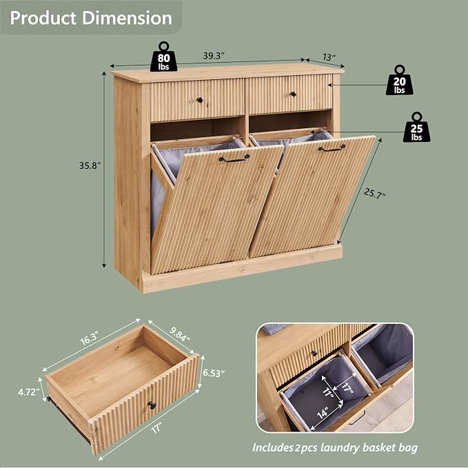 Modern Double Tilt-Out Laundry Hamper Cabinet, 20 Gallon Fluted Trash Can - Image 2