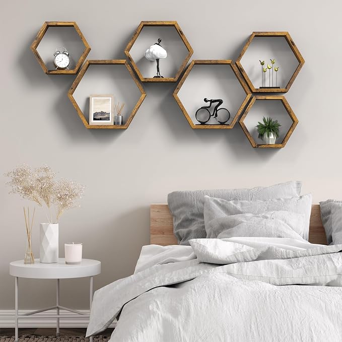 CADUKE Hexagon Floating Shelves, Decorative Wall Mounted Shelves, Wooden - Image 8