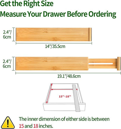 VaeFae 6-Pack Bamboo Drawer Dividers – Adjustable 14"-19.1", Spring-Loaded - Image 2