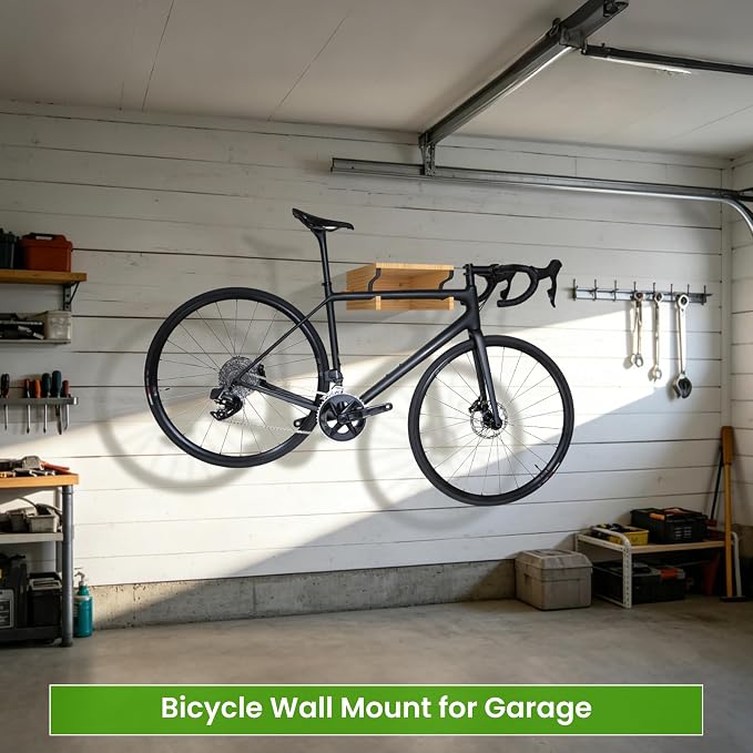 Wooden Bike Wall Mount w/Shelf & Hooks, Road Bike Storage Decor | Solid Wood - Image 8