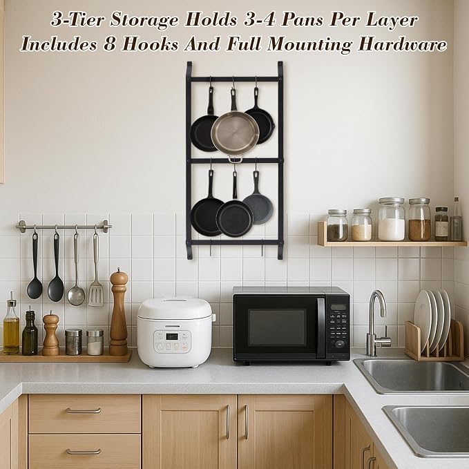 MorningRo 37” Pot and Pan Hanging Rack Wall Mounted, 3 Tier Iron Vertical - Image 3