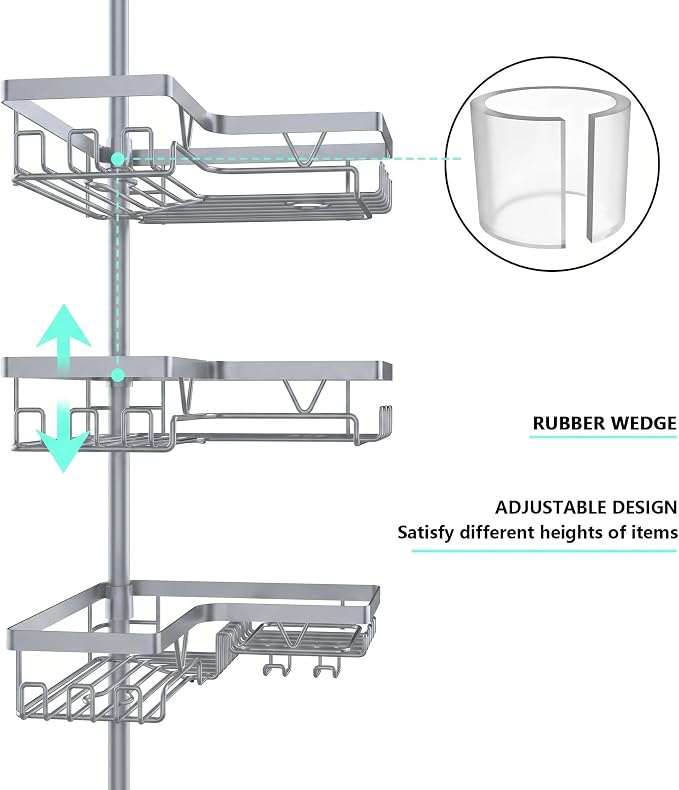 DAOYA Corner Shower Caddy Tension Pole, Light Gray | 4-Tier, Adjustable - Image 4