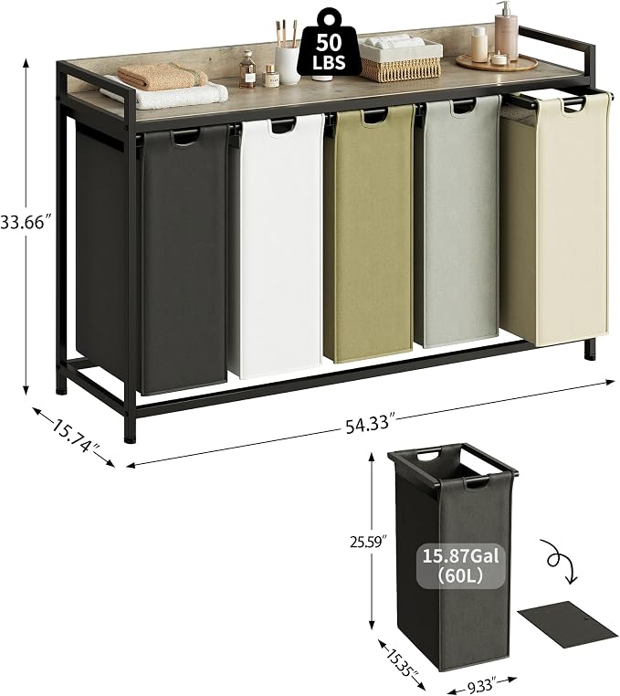 Laundry Hamper with Shelf, Laundry Basket 5 Section, Laundry Sorter with - Image 4