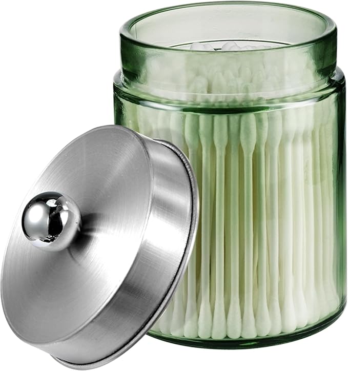 Amolliar Sage Green Glass Apothecary Jar, Qtip Holder Metal Lid & Sticker by Amolliar