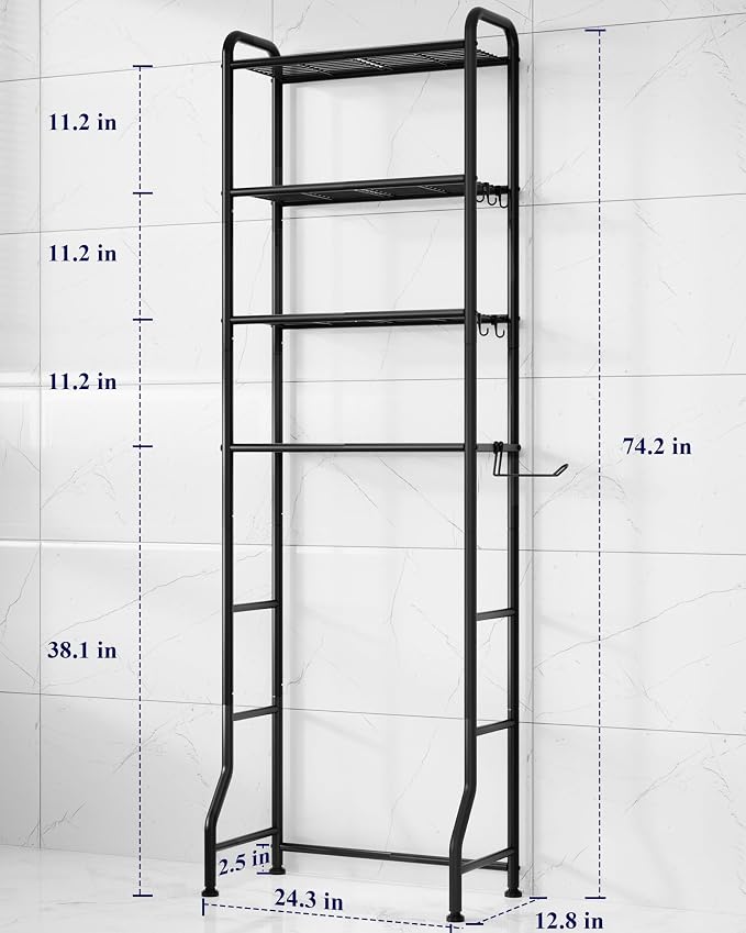 Kitsure Over Toilet Storage Rack, 74.2" H Space-Saving, Holder & Hooks | - Image 2