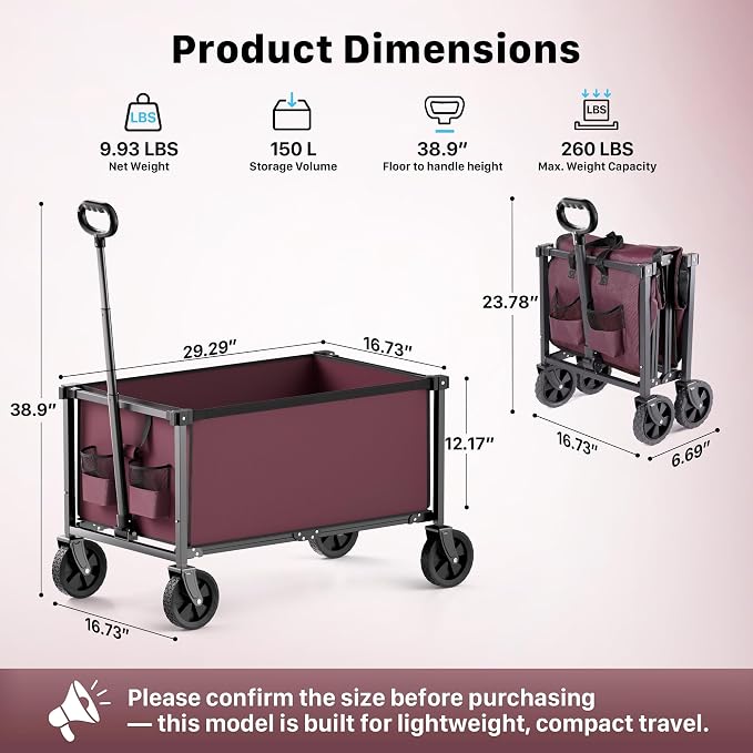 29.3" Collapsible Wagon Cart, 150L Heavy Duty Folding Utility Wagon - Image 3